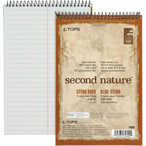 TOPS Second Nature Spiral Steno Notebook, 70 Sheets, Spiral, 0.34" Ruled, 15 lb Basis Weight, 6" x 9", 1", White Paper, Blue, Gray, Brown Cover, 4/Pack (TOP74690PK) Pack of 4