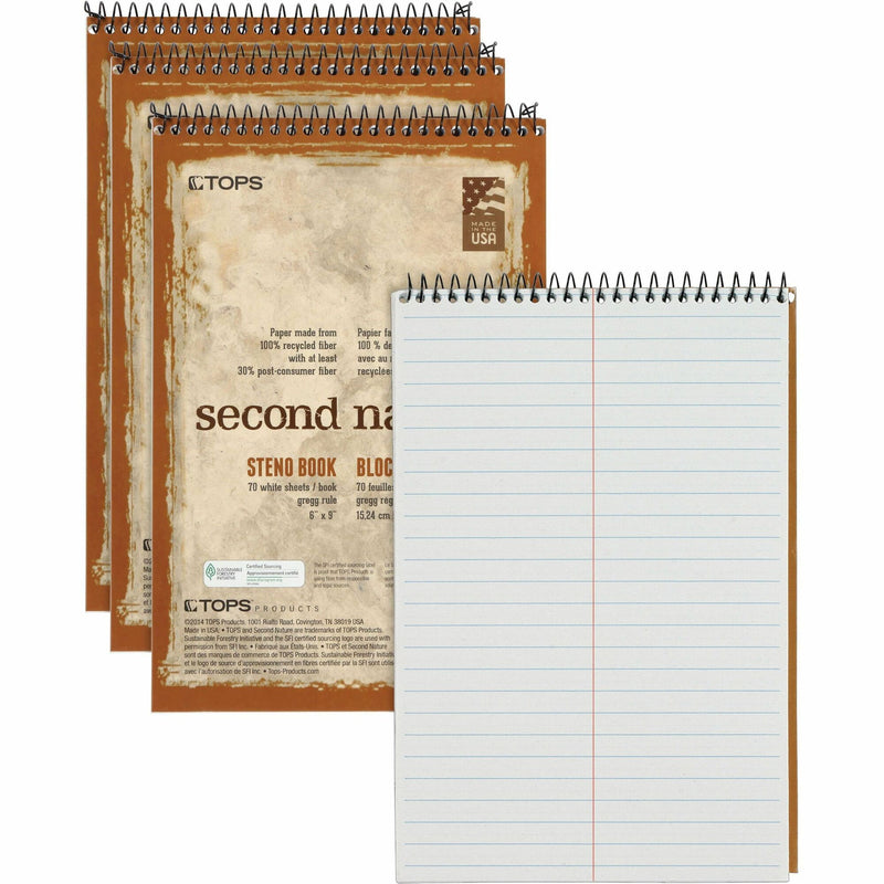 TOPS Second Nature Spiral Steno Notebook, 70 Sheets, Spiral, 0.34" Ruled, 15 lb Basis Weight, 6" x 9", 1", White Paper, Blue, Gray, Brown Cover, 4/Pack (TOP74690PK) Pack of 4