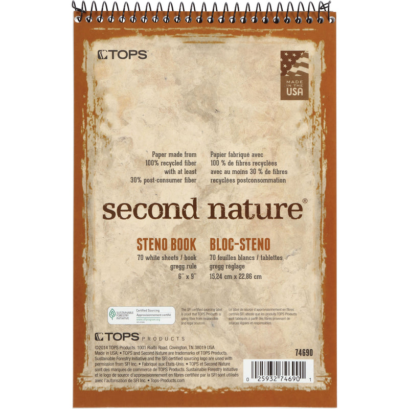 TOPS Second Nature Spiral Steno Notebook, 70 Sheets, Spiral, 0.34" Ruled, 15 lb Basis Weight, 6" x 9", 1", White Paper, Blue, Gray, Brown Cover, 4/Pack (TOP74690PK) Pack of 4