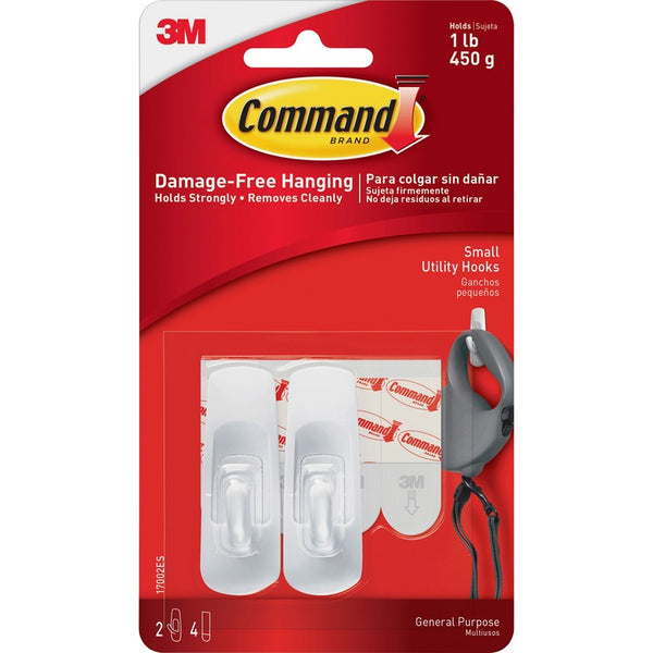 Command Command Hooks, Small, 1lb. Capacity, 2 Hooks/4 Strips (MMM17002)