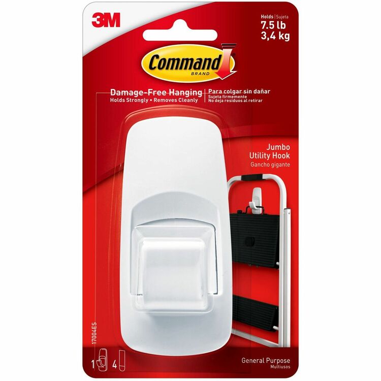 Command General Purpose Hooks, Jumbo, Plastic, White, 7.5 lb Cap, White, 1 Hook and 4 Strips (MMM17004) Each