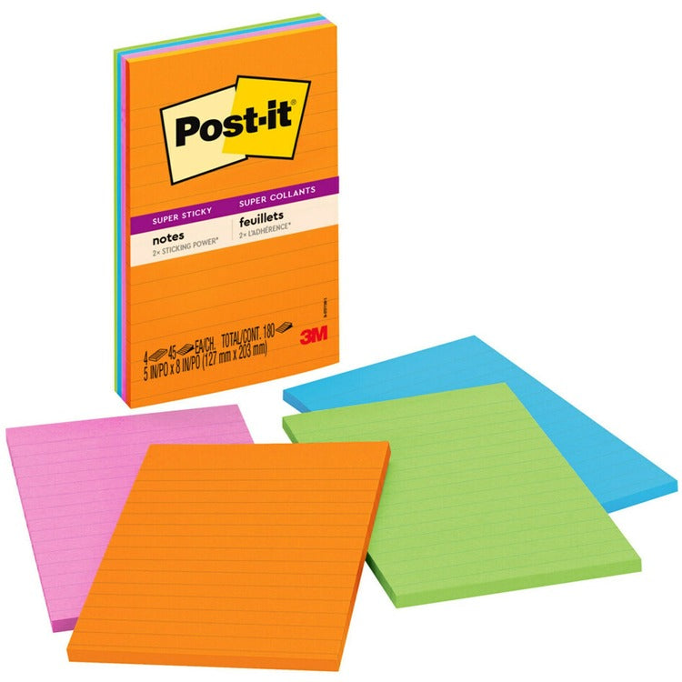 Post-it&reg; Lined Super Sticky Notes, 4&quot; x 6&quot;, Assorted Ultra (MMM4621SSAU) Pack of 4