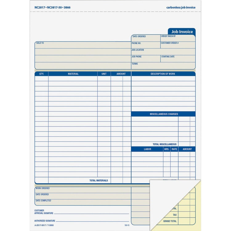 Adams Job Invoice Forms, 2 Part, Carbonless, 8 1/2&quot;x11 7/16&quot; (ABFNC2817) Pack of 100