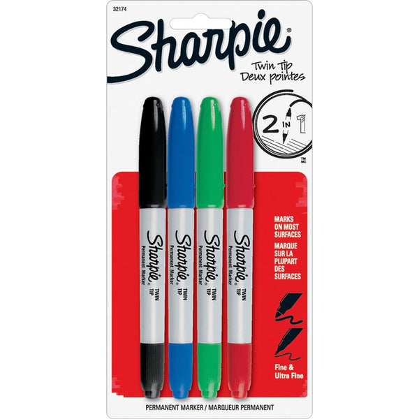 Sharpie Twin Tip Permanent Marker, Fine/Ultra Fine Point, 4/ST, Asst. (SAN32174PP)