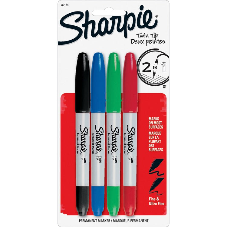 Sharpie Twin Tip Permanent Marker, Fine/Ultra Fine Point, 4/ST, Asst. (SAN32174PP) Pack of 4
