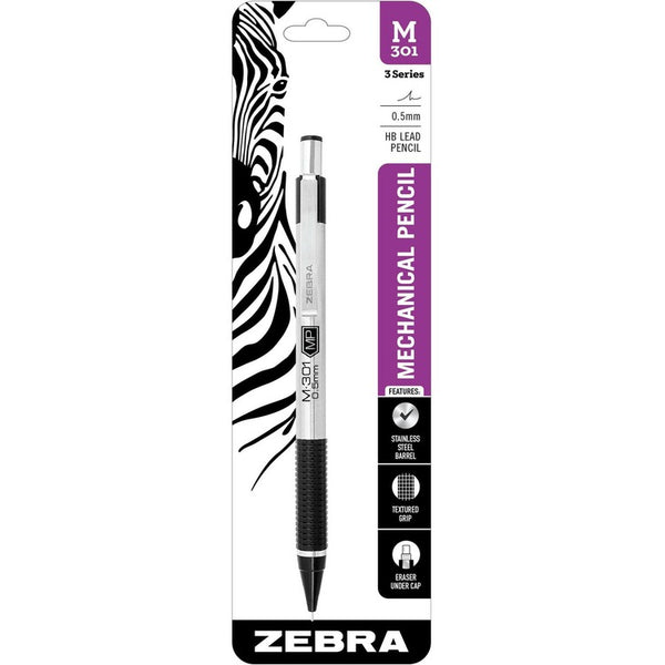 Zebra Mechanical Pencil, Lead/Eraser Refillable, .5mm, 1/CD, Silver/Black (ZEB54011)