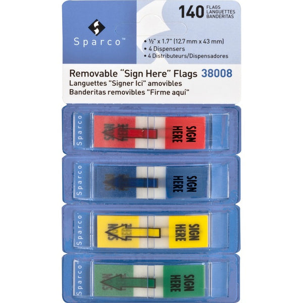 Sparco Flags in Dispenser, &quot;Sign Here&quot;, 1/2&quot; x 1 3/4&quot;, Assorted (SPR38008)