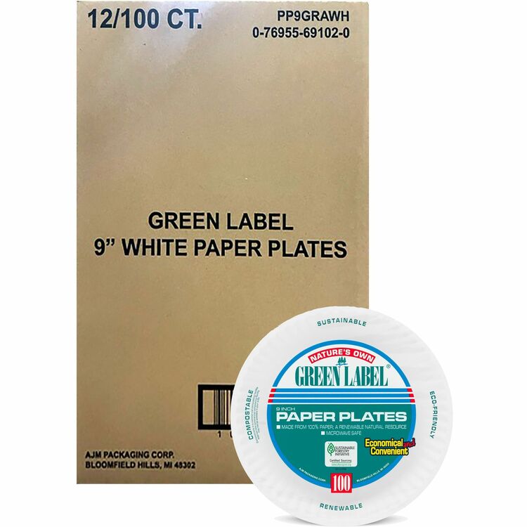 AJM Disposable 9" Paper Plates, White, Case of 1,200 (AJMPP9GRA) Case of 1200