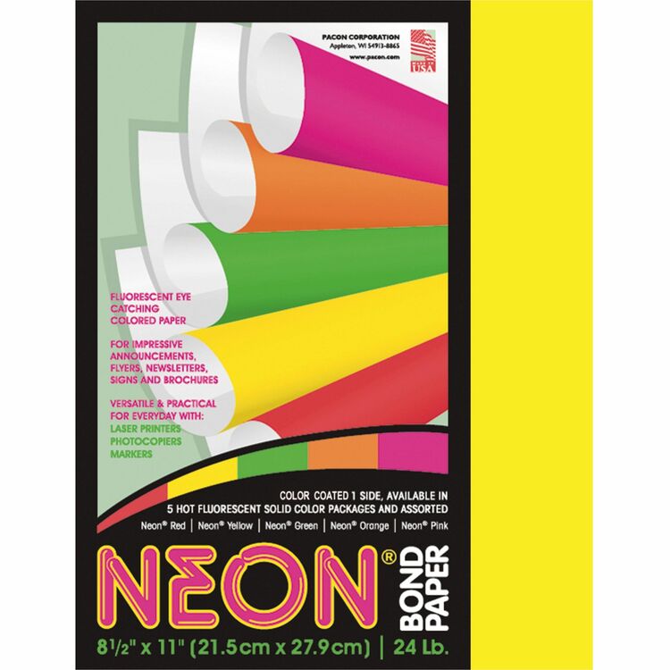 Pacon Neon Bond Paper, 24 Lb, 100 Sheets, 8 1/2&quot; x 11&quot;, Neon, Yellow (PAC104316)