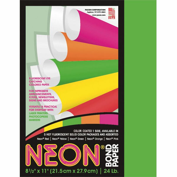 Pacon Neon Bond Paper, 24 lb., 100 Sheets, 8 1/2&quot;x11&quot;, Neon Green (PAC104317) Pack of 100