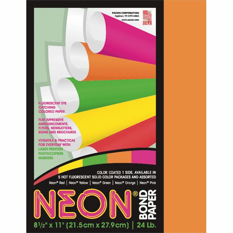 Pacon Neon Bond Paper, 24 Lb, 100 Sheets, 8 1/2&quot; x 11&quot;, Neon Orange (PAC104318) Pack of 100