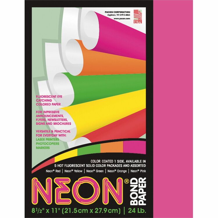 Pacon Neon Bond Paper, 24 Lb, 100 Sheets, 8 1/2&quot; x 11&quot;, Neon Pink (PAC104319)