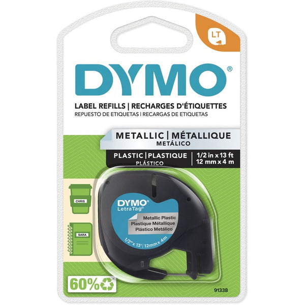 Dymo LetraTag Metallic Label Tape Cassette, 0.5" x 13 ft, Silver (DYM91338)