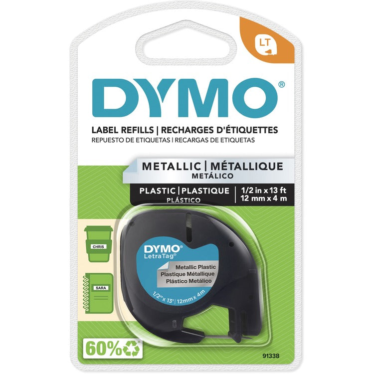 Dymo LetraTag Metallic Label Tape Cassette, 0.5" x 13 ft, Silver (DYM91338) Each