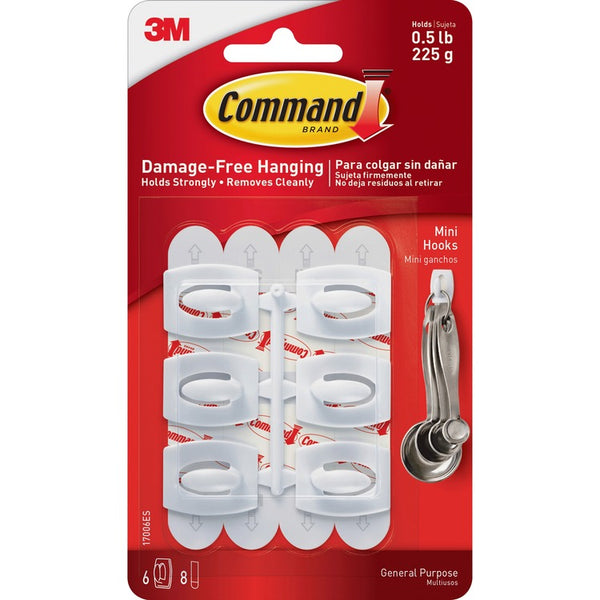 Command Command Hooks, Mini , 1/2lb. Capacity, 6 Hooks/8 Strips (MMM17006)