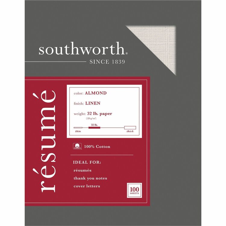 Southworth 100% Cotton Premium Weight Linen Resume Paper, 32 lb, 8.5 x 11, Almond, 100/Pack (SOURD18ACFLN) Each