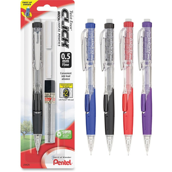 Pentel Mechanical Pencil, w/Twist Eraser, Refillable, 0.5mm, Asst. (PENPD275TLEBP)