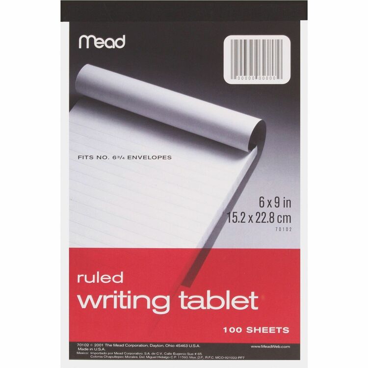 Mead Writing Tablet, Top-bound, Ruled, 20 lb., 6&quot; x 9&quot; 100 Sh, White (MEA70102) Each