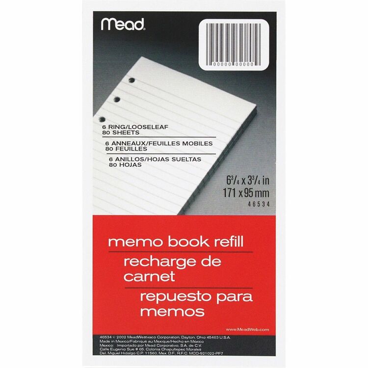 Mead Looseleaf Memo Books 80/ Pack 6 3/4&quot; x 3 3/4&quot; (MEA46534)