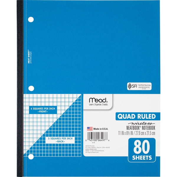 Mead Wireless Neatbook, 1-Sub, Quad Rule, 11&quot; x 8-1/2&quot; 80 Shts, WE (MEA06497)