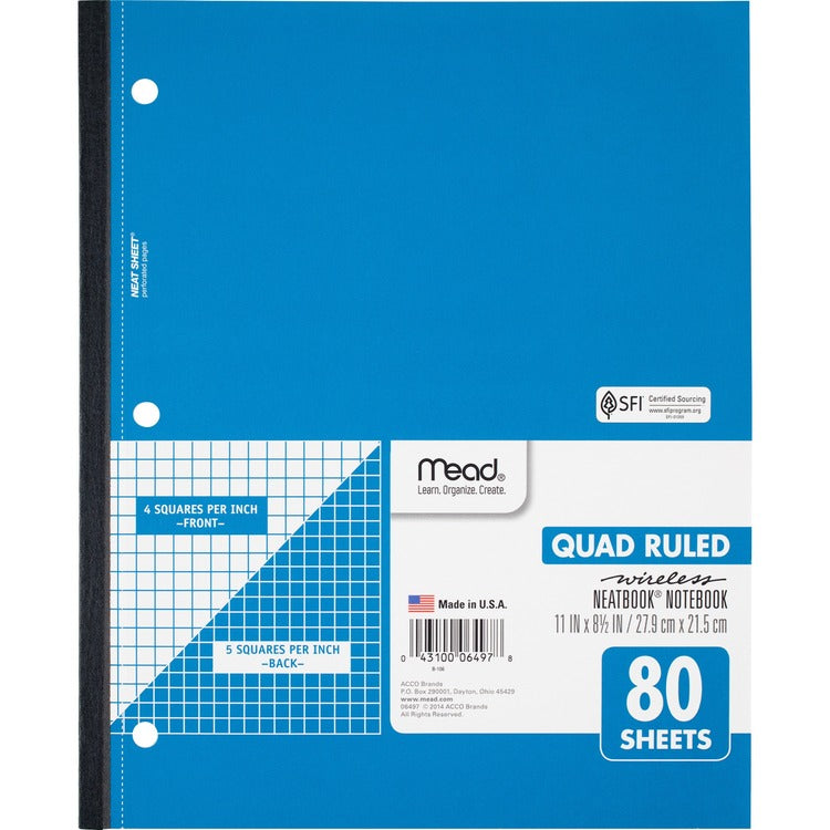 Mead Wireless Neatbook, 1-Sub, Quad Rule, 11&quot; x 8-1/2&quot; 80 Shts, WE (MEA06497) Each