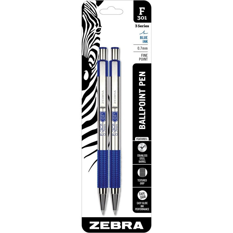 Zebra F-301 Retractable Ballpoint Pen, 0.7 mm, Blue Ink, Stainless Steel/Blue Barrel, 2/Pack (ZEB27122) Pack of 2