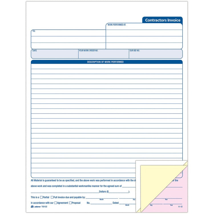 Adams Contractors Invoice, 3-Part, Crbnls, 8-3/8&quot; x 11-7/16&quot; 50St/BK, WE (ABFTC8122) Each