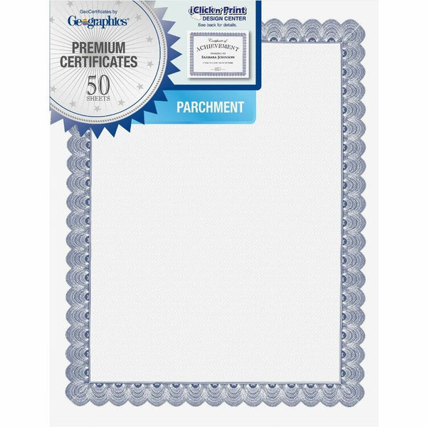 Geographics Parchment Paper Certificates, 8-1/2 x 11, Blue Conventional Border, 50/Pack (GEO20008) Pack of 50