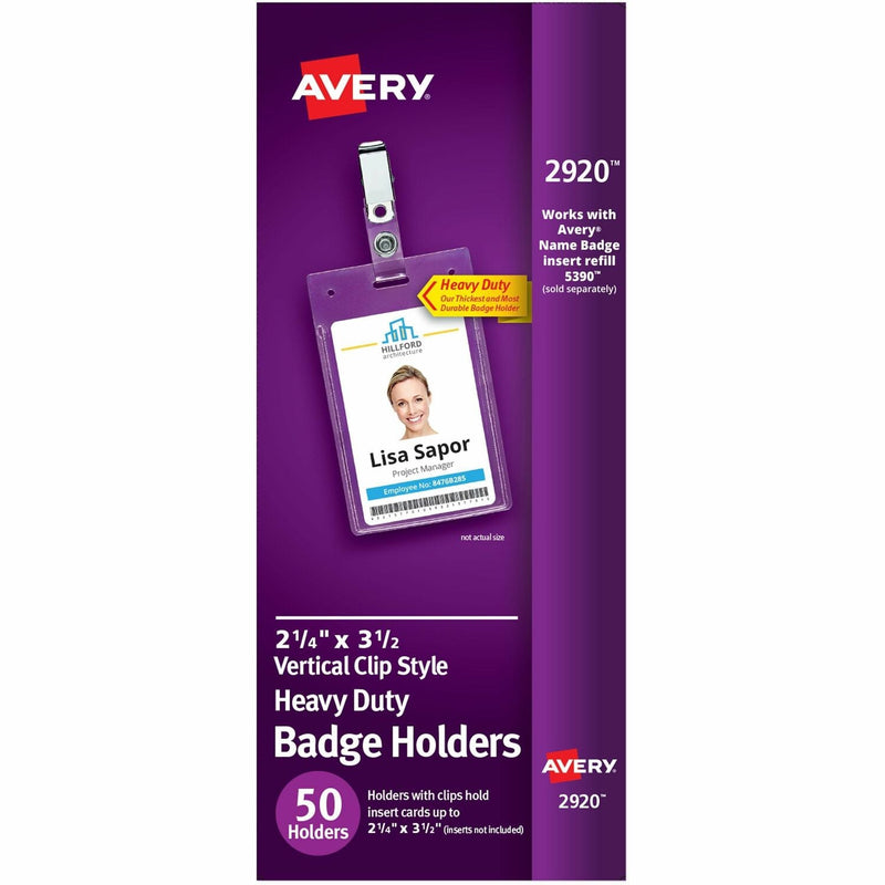 Avery&reg; Photo ID Badge Holders, Business Size, 2 1/4"x3 1/2", Portrait Clip (AVE2920)