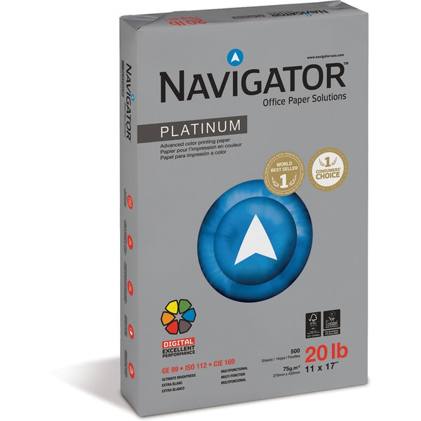 Navigator Platinum Paper, 99 Bright, 20lb, 11 x 17, White, 500 Sheets/Ream, 5 Reams/Carton (SNANPL1720) 5 Reams