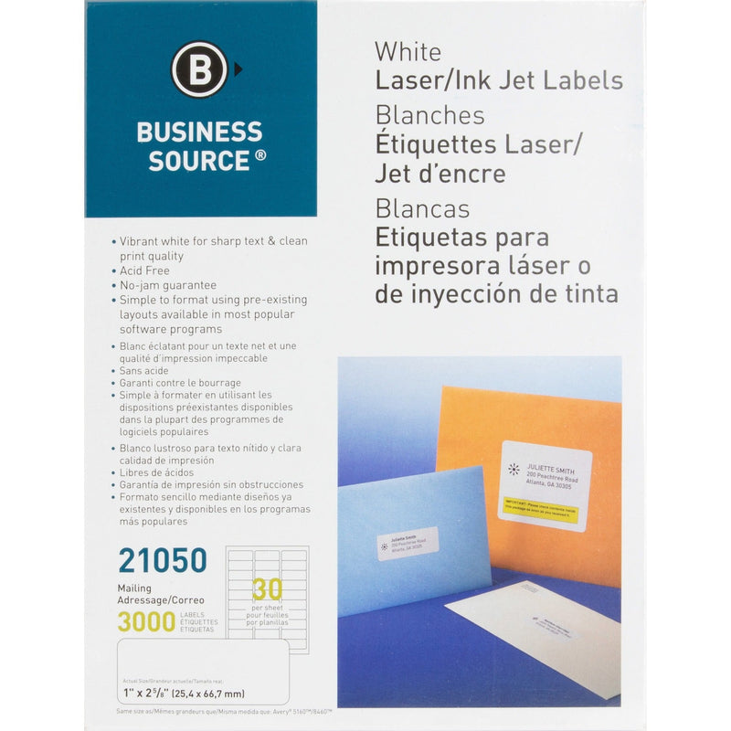 Business Source Mailing Label, Laser, 1&quot;x2-5/8&quot;, 3000/PK, White (BSN21050) Pack of 3000