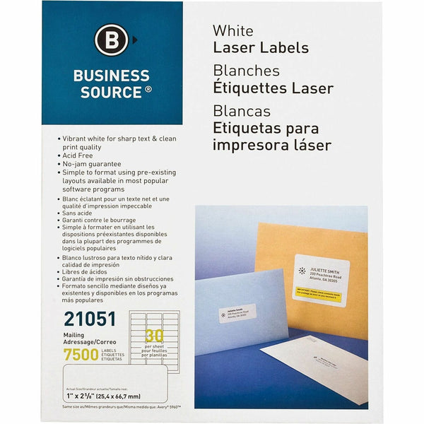 Business Source Mailing Label, Laser, 1&quot;x2-5/8&quot;, 7500/PK, White (BSN21051) Pack of 7500