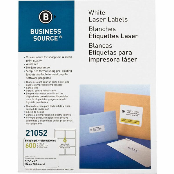Business Source Mailing Label, Laser, 3-1/3&quot;x4&quot;, 600/PK, White (BSN21052) Pack of 600