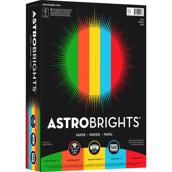 Astrobrights Eco Brights Colored Paper, 24 lb, 8-1/2 x 11, Assorted, 500 Sheets (WAU22226)