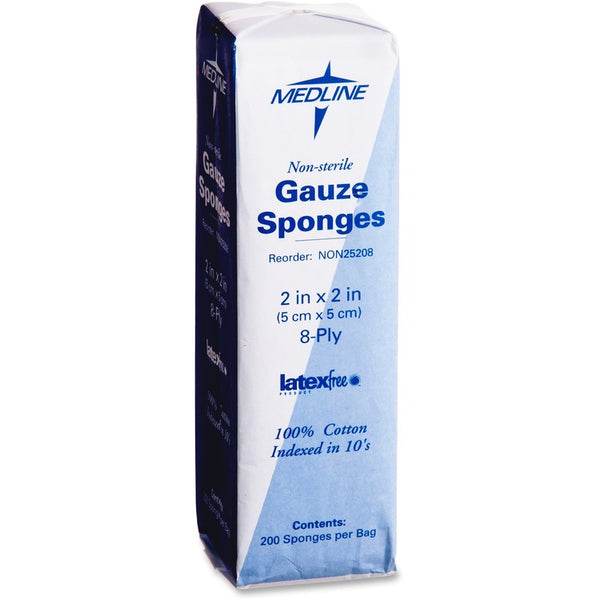 Medline Gauze Sponges, Nonsterile 2&quot;x2&quot;, 8 Ply, 200/PK, White (MIINON25208)