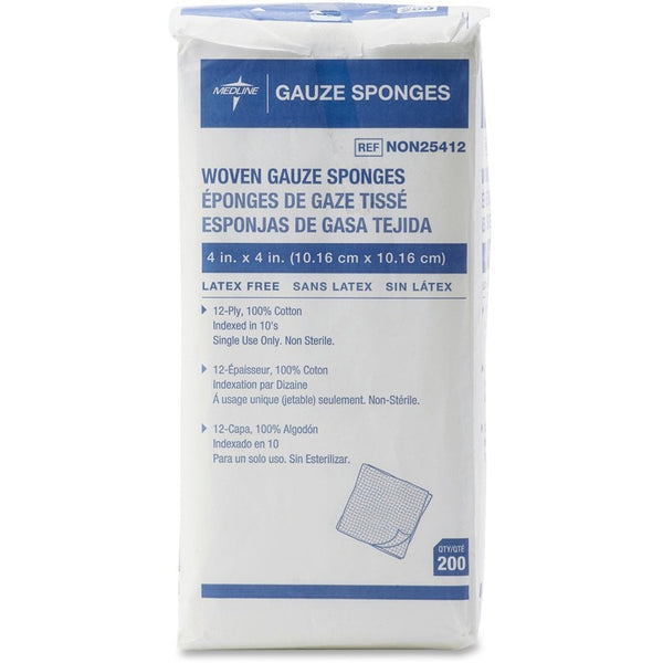 Medline Gauze Sponges, Non-Sterile, 4"x4", 12 Ply, 200/PK, White (MIINON25412)