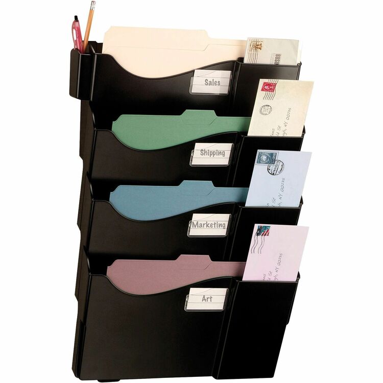 Officemate Grande Central Wall Filing System, Four Pockets, 16 5/8 x 4 3/4 x 23 1/4, Black (OIC21724) Each