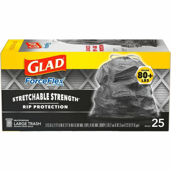 Glad ForceFlexPlus Drawstring Large Trash Bags, 30 gal, Black, 25/BX, 6/CT (CLO70359)