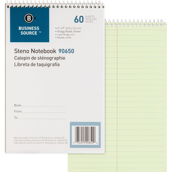 Business Source Steno Notebook, Gregg Ruled, 60 Sheets, 6"x9", Green (BSN90650) Each