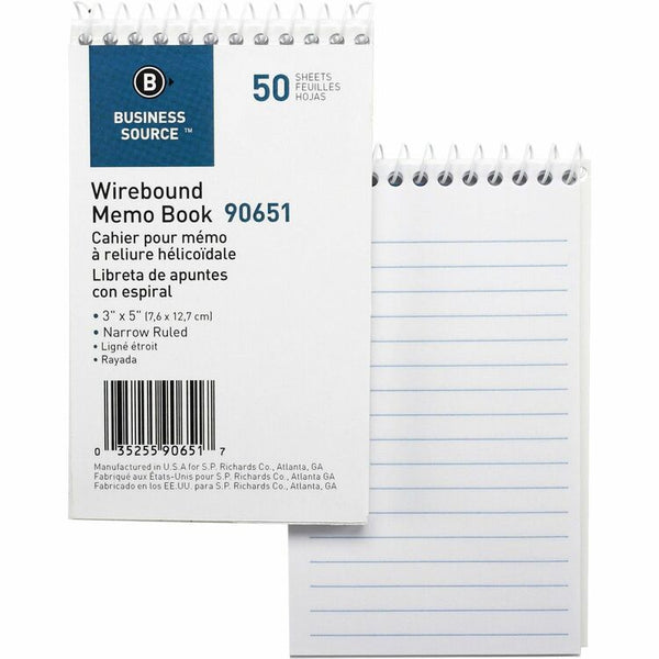 Business Source Wirebound Memo Book, End Spiral, 50 Sheets, 3"x5", 12/Pack, White (BSN90651) Pack of 12