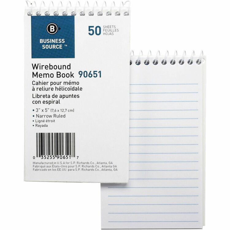 Business Source Wirebound Memo Book, End Spiral, 50 Sheets, 3"x5", 12/Pack, White (BSN90651) Pack of 12
