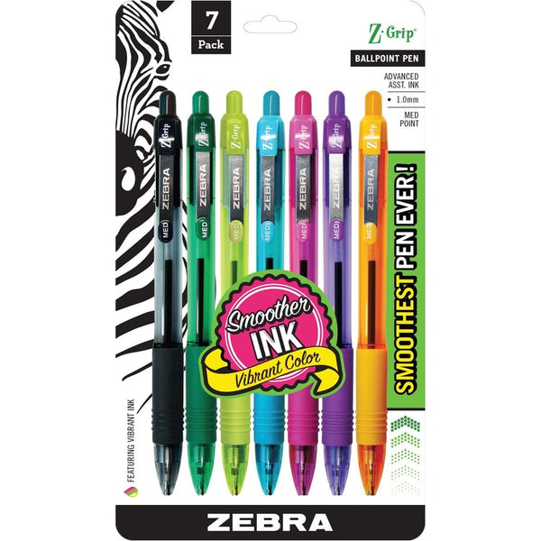 Zebra Ballpoint Pen, Retractable, 1.0mm Pt, 7/PK, Assorted (ZEB22276)