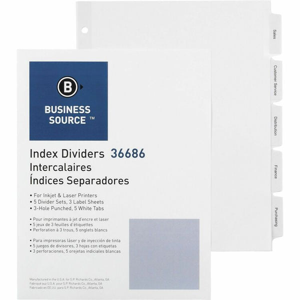 Business Source 5-Tab Indexed Sheet Dividers, White (BSN36686) Pack of 5