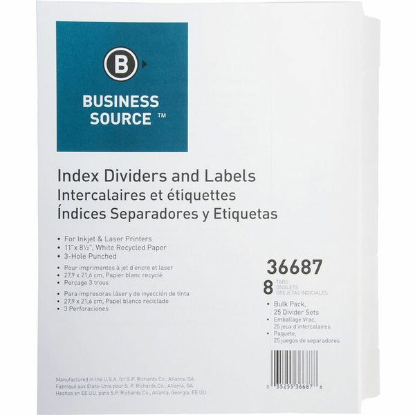 Business Source 8-Tab Indexed Sheet Dividers, White (BSN36687) Pack of 25