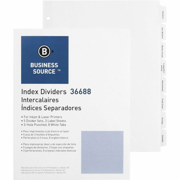 Business Source 8-Tab Indexed Sheet Dividers, White (BSN36688) Pack of 5