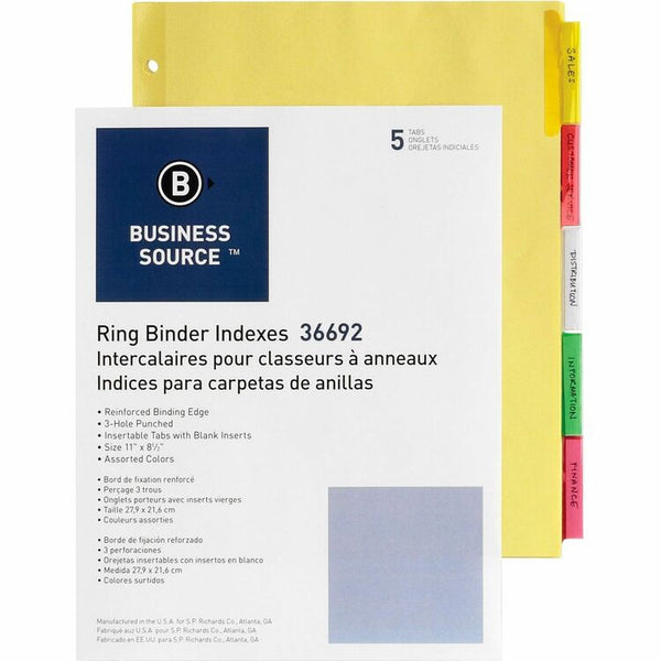 Business Source 5-Tab Index Tabs, Assorted Colors (BSN36692) Set of 5