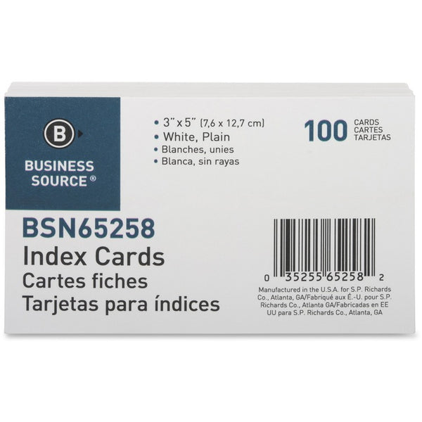 Business Source Index Cards, Plain, 90lb., 3&quot; x 5&quot;, White (BSN65258) Pack of 100