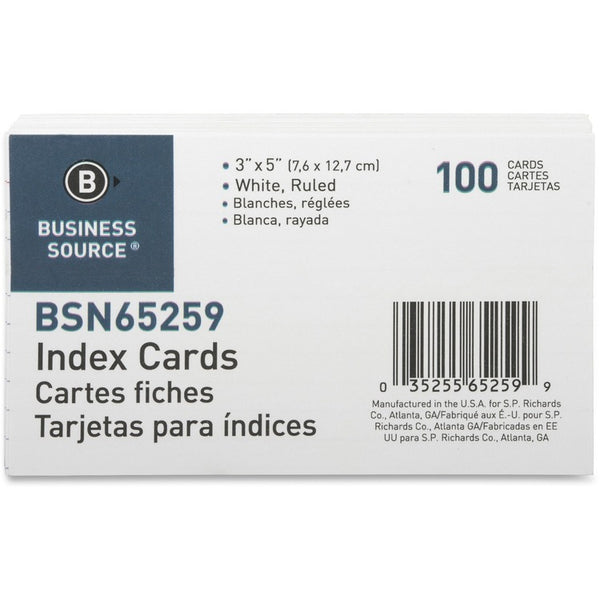 Business Source Index Cards, Ruled, 90lb., 3&quot; x 5&quot;, White (BSN65259) Pack of 100