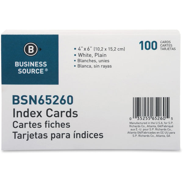 Business Source Index Cards, Plain, 90lb., 4&quot; x 6&quot;, White (BSN65260) Pack of 100