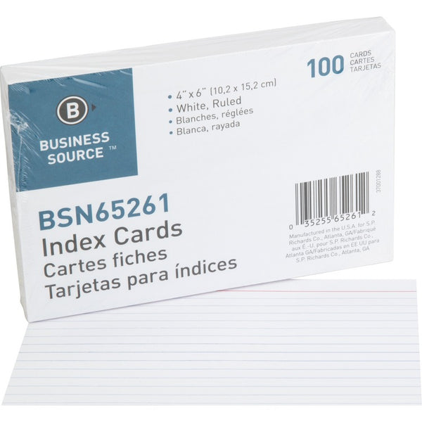 Business Source Index Cards, Ruled, 90lb., 4&quot; x 6&quot;, White (BSN65261) Pack of 100
